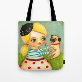FRENCH GIRL with Fawn Pug in Paris Tote Bag