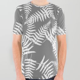 Grey And White Fern Leaf Pattern All Over Graphic Tee