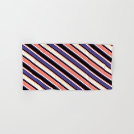 [ Thumbnail: Salmon, Beige, Dark Slate Blue & Black Colored Pattern of Stripes Hand & Bath Towel ]