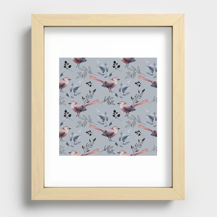 Whimsical Birds Foliage Pattern Recessed Framed Print