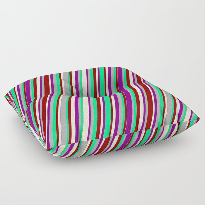 Colorful Dark Gray, Green, Dark Red, Light Yellow, and Purple Colored Lined/Striped Pattern Floor Pillow