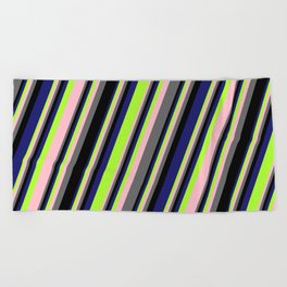 [ Thumbnail: Eye-catching Midnight Blue, Light Green, Pink, Dim Grey, and Black Colored Striped Pattern Beach Towel ]