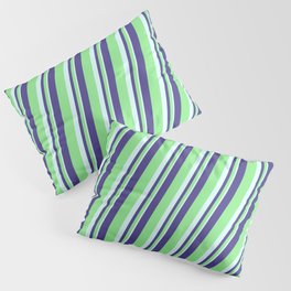 [ Thumbnail: Dark Slate Blue, Light Green & Light Cyan Colored Lined Pattern Pillow Sham ]