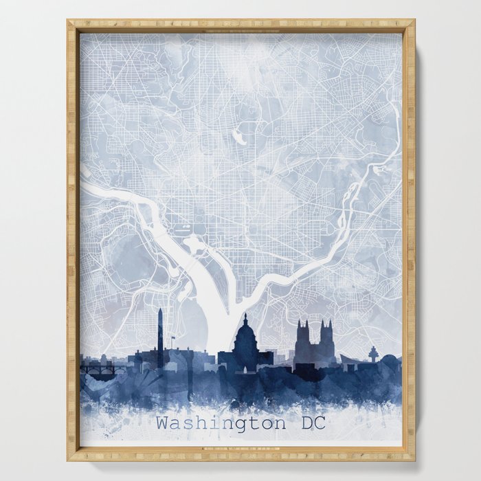 Washington DC Skyline & Map Watercolor Navy Blue, Print by Zouzounio Art Serving Tray