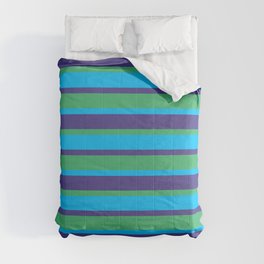 [ Thumbnail: Dark Slate Blue, Sea Green & Deep Sky Blue Colored Striped Pattern Comforter ]