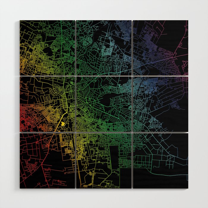 Lusaka, Zambia, City, Map, Rainbow, Map, Art, Print Wood Wall Art by