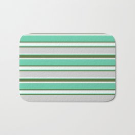 [ Thumbnail: Aquamarine, Dark Olive Green, Light Grey, and Mint Cream Colored Pattern of Stripes Bath Mat ]