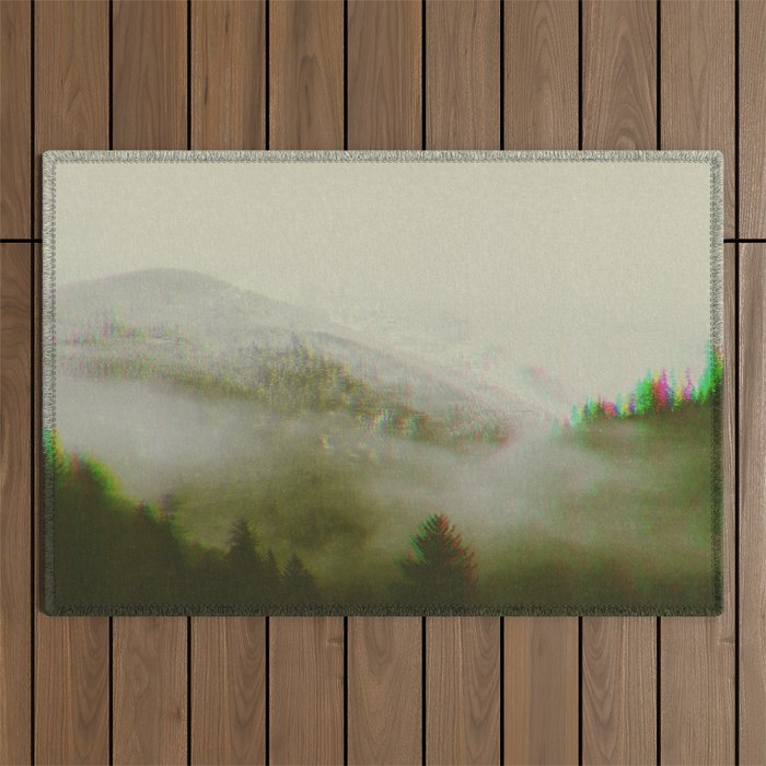 Foggy Forest Glitch Art - Wanderlust Adventure Outdoor Rug