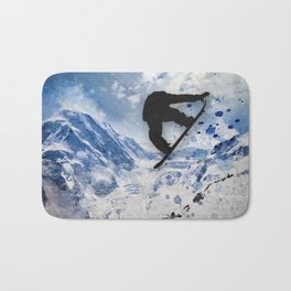 Snowboarder In Flight Bath Mat | Snowboard, Other, Winter, Figurative, Wanderlust, Graphicdesign, Mountains, Landscape, Holiday, Halfpipe 