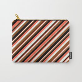 [ Thumbnail: Red, Mint Cream, Brown, and Black Colored Striped/Lined Pattern Carry-All Pouch ]