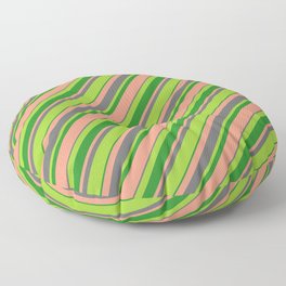 [ Thumbnail: Green, Forest Green, Dark Salmon, and Dim Gray Colored Striped/Lined Pattern Floor Pillow ]