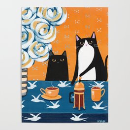 Orange and Blue French Press Cats Poster