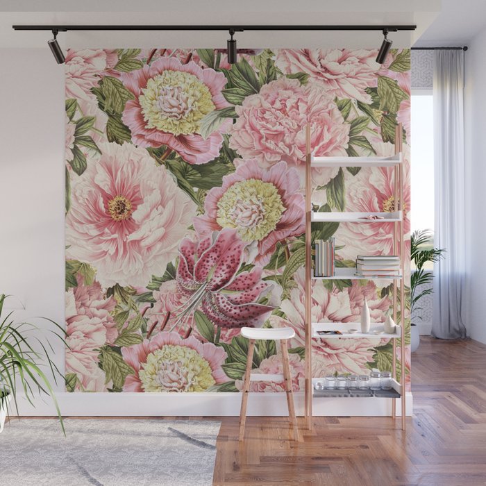 Vintage & Shabby Chic Floral Peony & Lily Flowers Watercolor Pattern Wall Mural