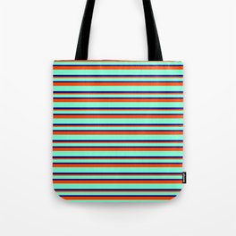 [ Thumbnail: Aquamarine, Blue & Red Colored Striped/Lined Pattern Tote Bag ]