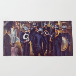 1934 Harlem African American Brass Band Harlem Renaissance masterpice portrait painting by Malvin Gray Johnson for home and wall decor Beach Towel