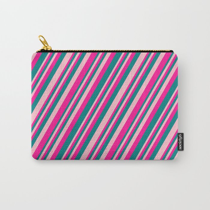 Pink, Deep Pink, and Teal Colored Striped Pattern Carry-All Pouch
