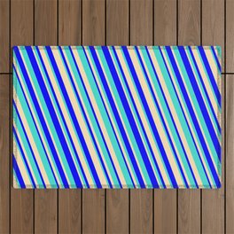 [ Thumbnail: Blue, Turquoise & Beige Colored Striped/Lined Pattern Outdoor Rug ]
