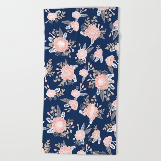 Floral bouquet pastel navy pink florals painted painted metallic pattern basic minimal pattern print Beach Towel