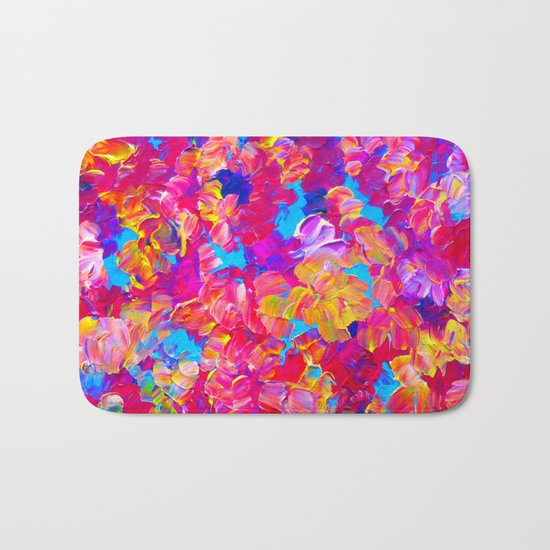 FLORAL FANTASY Bold Abstract Flowers Acrylic Textural Painting Neon Pink Turquoise Feminine Art Bath Mat