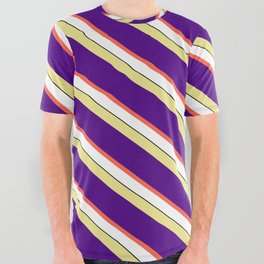 [ Thumbnail: Eyecatching Tan, Indigo, Red, White, and Black Colored Lines/Stripes Pattern All Over Graphic Tee ]