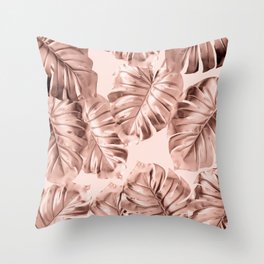 Rose Gold Monstera Leaves on Blush Pink 2 Throw Pillow
