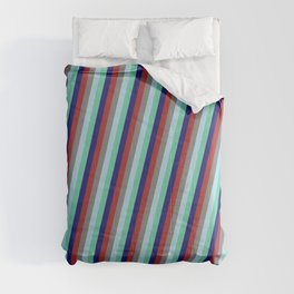 [ Thumbnail: Colorful Brown, Grey, Light Blue, Aquamarine & Midnight Blue Colored Striped Pattern Comforter ]
