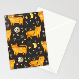Valentine's day seamless pattern with cats, stars and moons. Watercolor night repeated pattern with cute cats. Stationery Card