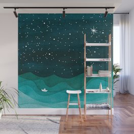 Starry Ocean, teal sailboat watercolor sea waves night Wall Mural
