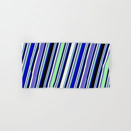 [ Thumbnail: Mint Cream, Slate Blue, Green, Blue, and Black Colored Pattern of Stripes Hand & Bath Towel ]