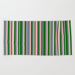 [ Thumbnail: Light Pink, Slate Gray & Dark Green Colored Pattern of Stripes Beach Towel ]