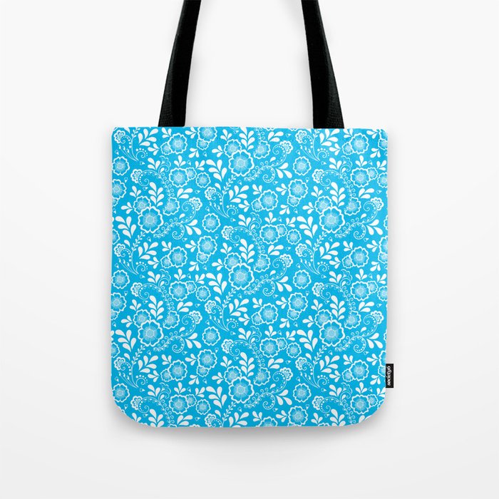 Turquoise And White Eastern Floral Pattern Tote Bag