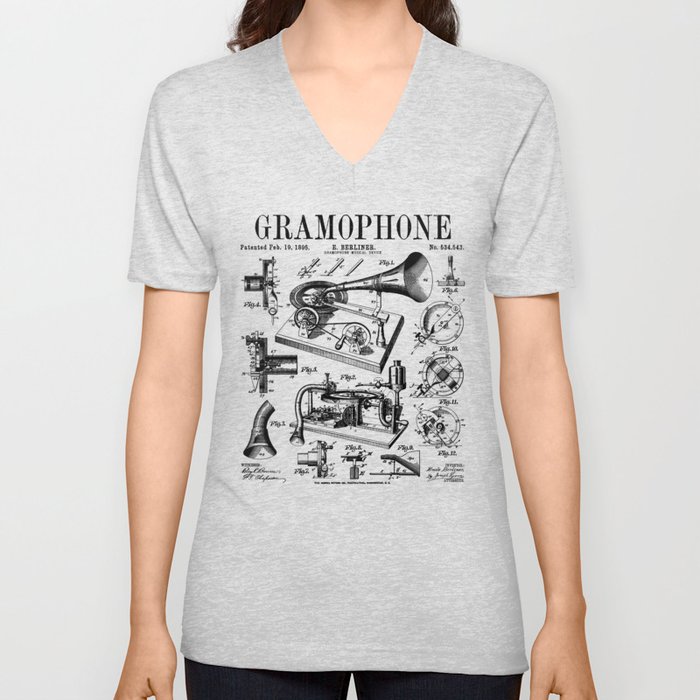 Gramophone Vinyl Record Lover Musician DJ Vintage Patent V Neck T Shirt