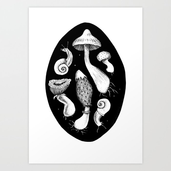 Ink mushrooms - Black Art Print