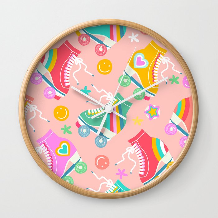 Groovy Roller Skate Pattern 3. Pink Wall Clock