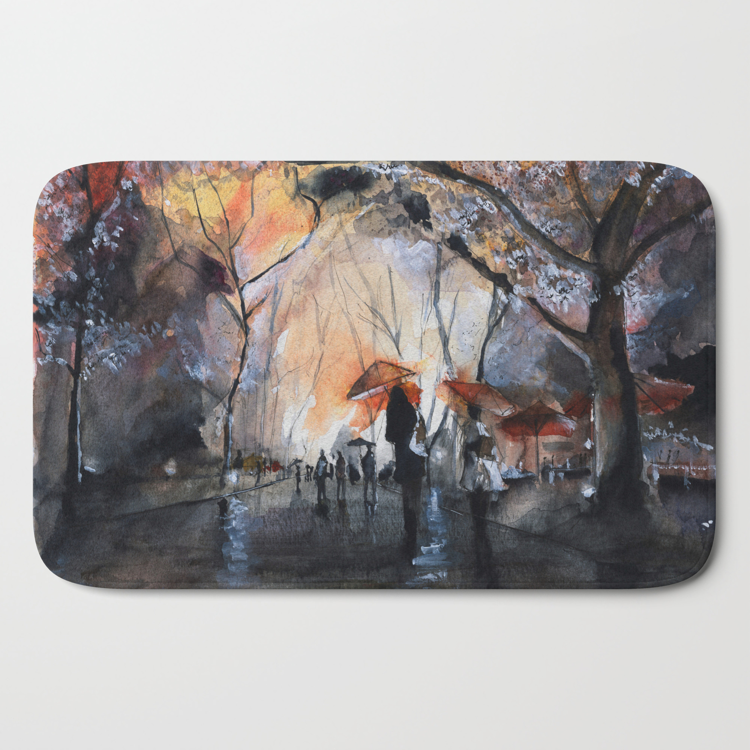 Watercolor Painting Autumn Rain Bath Mat By Nicolasjolly