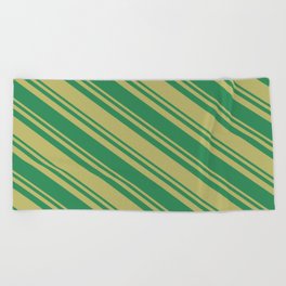 [ Thumbnail: Dark Khaki & Sea Green Colored Striped Pattern Beach Towel ]