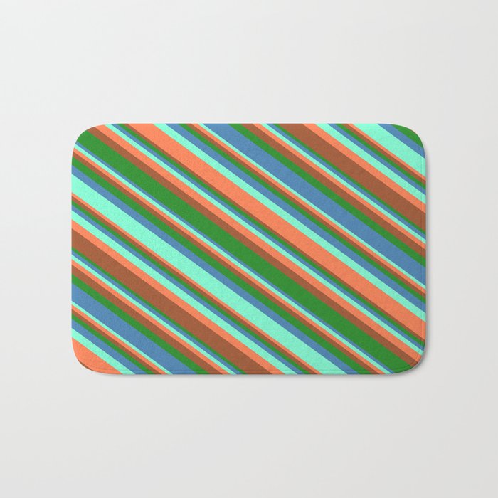 Aquamarine, Coral, Sienna, Forest Green, and Blue Colored Lined/Striped Pattern Bath Mat