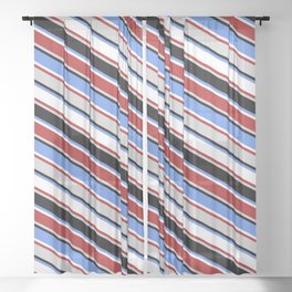 [ Thumbnail: Eyecatching Cornflower Blue, White, Red, Light Gray & Black Colored Lined/Striped Pattern Sheer Curtain ]