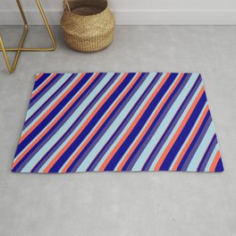 [ Thumbnail: Dark Slate Blue, Light Blue, Red, and Dark Blue Colored Lined Pattern Rug ]