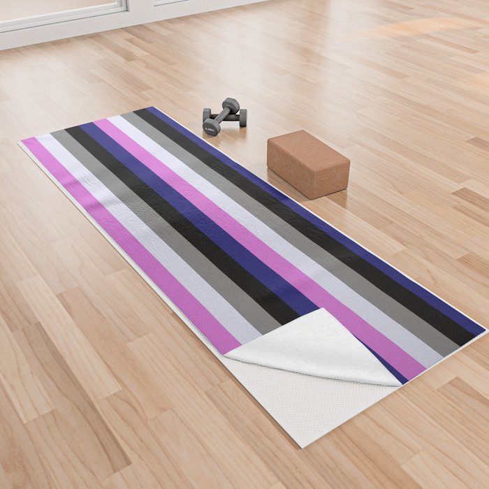 Colorful Orchid, Midnight Blue, Black, Grey, and Lavender Colored Pattern of Stripes Yoga Towel