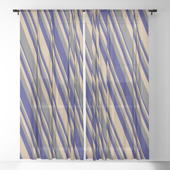 Tan, Dim Gray, and Midnight Blue Colored Lined Pattern Sheer Curtain