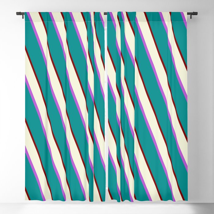 Beige, Orchid, Dark Cyan, and Maroon Colored Striped/Lined Pattern Blackout Curtain