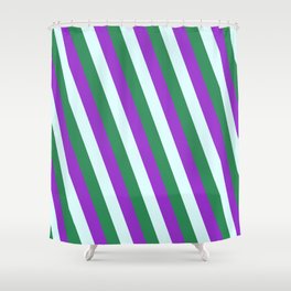[ Thumbnail: Sea Green, Dark Orchid & Light Cyan Colored Lined/Striped Pattern Shower Curtain ]