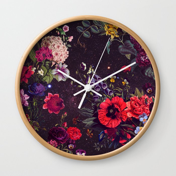 Astro Garden - Space, Stars, Purple, Red, Pink, Blossom, Vibrant, Flower Garden Wall Clock