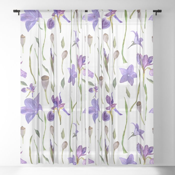 purple iris watercolor pattern Sheer Curtain