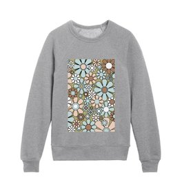 Retro Garden Flowers Groovy 60s 70s Spring Floral Pattern Green Taupe and Pale Turquoise Kids Crewneck