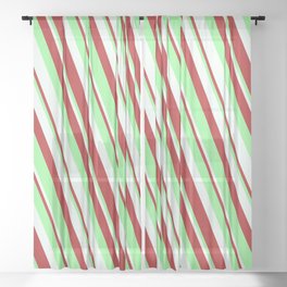[ Thumbnail: Mint Cream, Red & Green Colored Lined Pattern Sheer Curtain ]