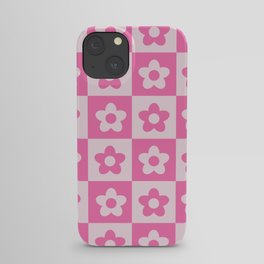 Hot Pink and White Retro Checkered Flower Pattern iPhone Case