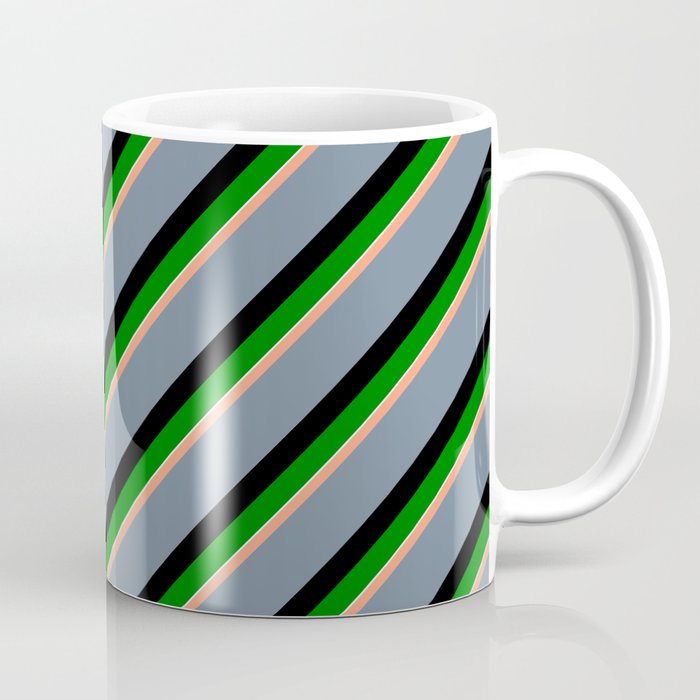 Light Salmon, Light Slate Gray, Black, Green, and Light Cyan Colored Stripes/Lines Pattern Coffee Mug