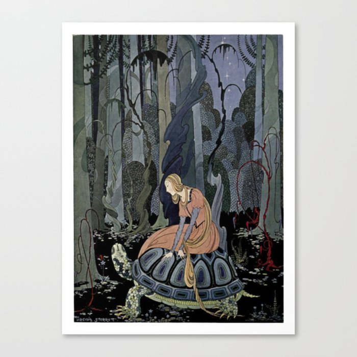 A Girl On Turtle in The Forest Old French Fairytales, illustrated by Virginia Frances Sterrett (Reproduction) Canvas Print